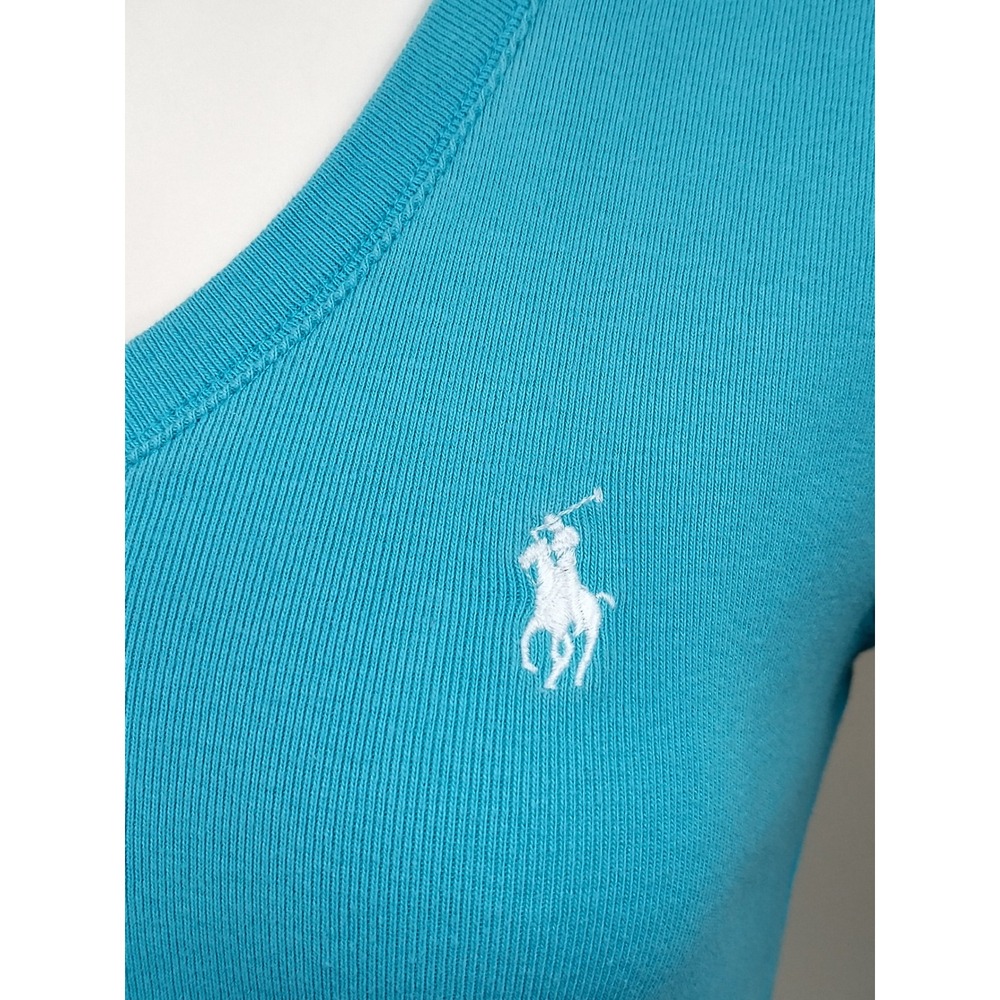 Ralph Lauren Women's Top Size L Turquoise Blue w/ White Polo Logo All Cotton EUC